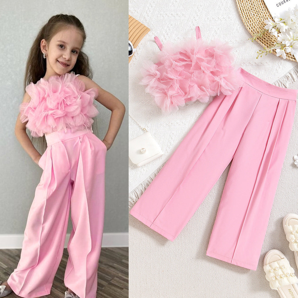 Girls Mesh Floral Strap Top and Trousers Set