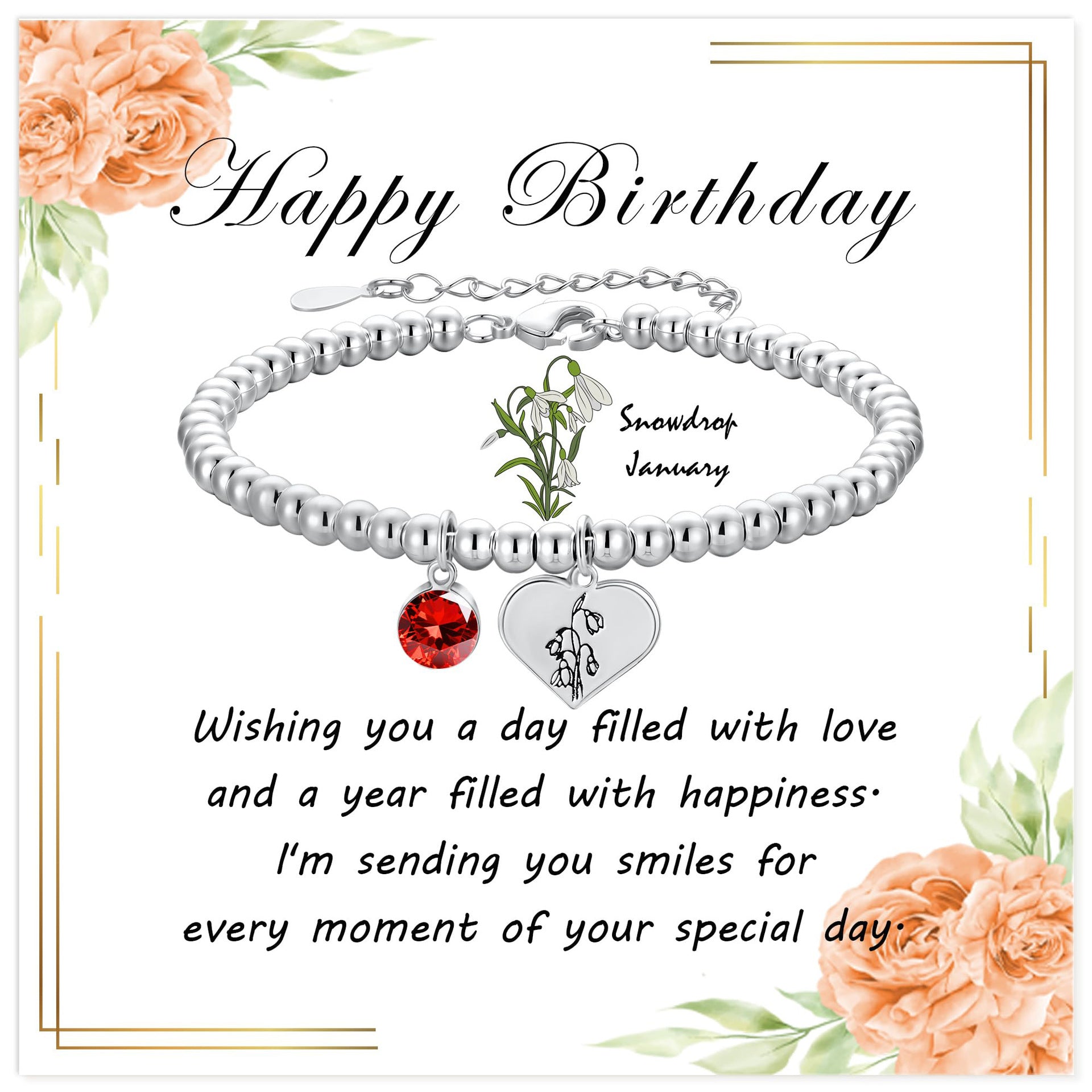 Silver Birthstone Heart Bracelet with Floral Pendant
