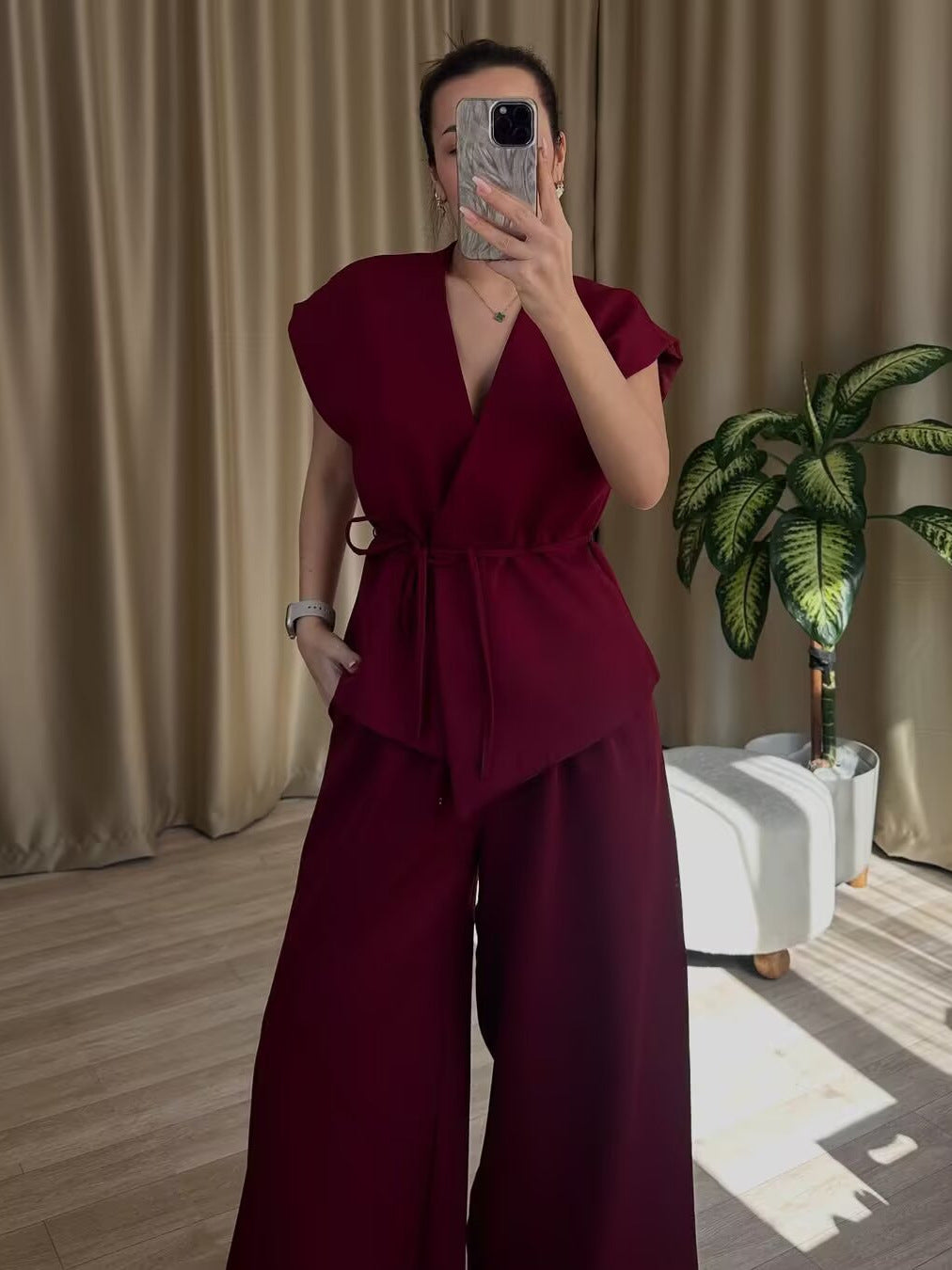 Women's V-Neck Kimono Sleeve Shirt and Pants Set