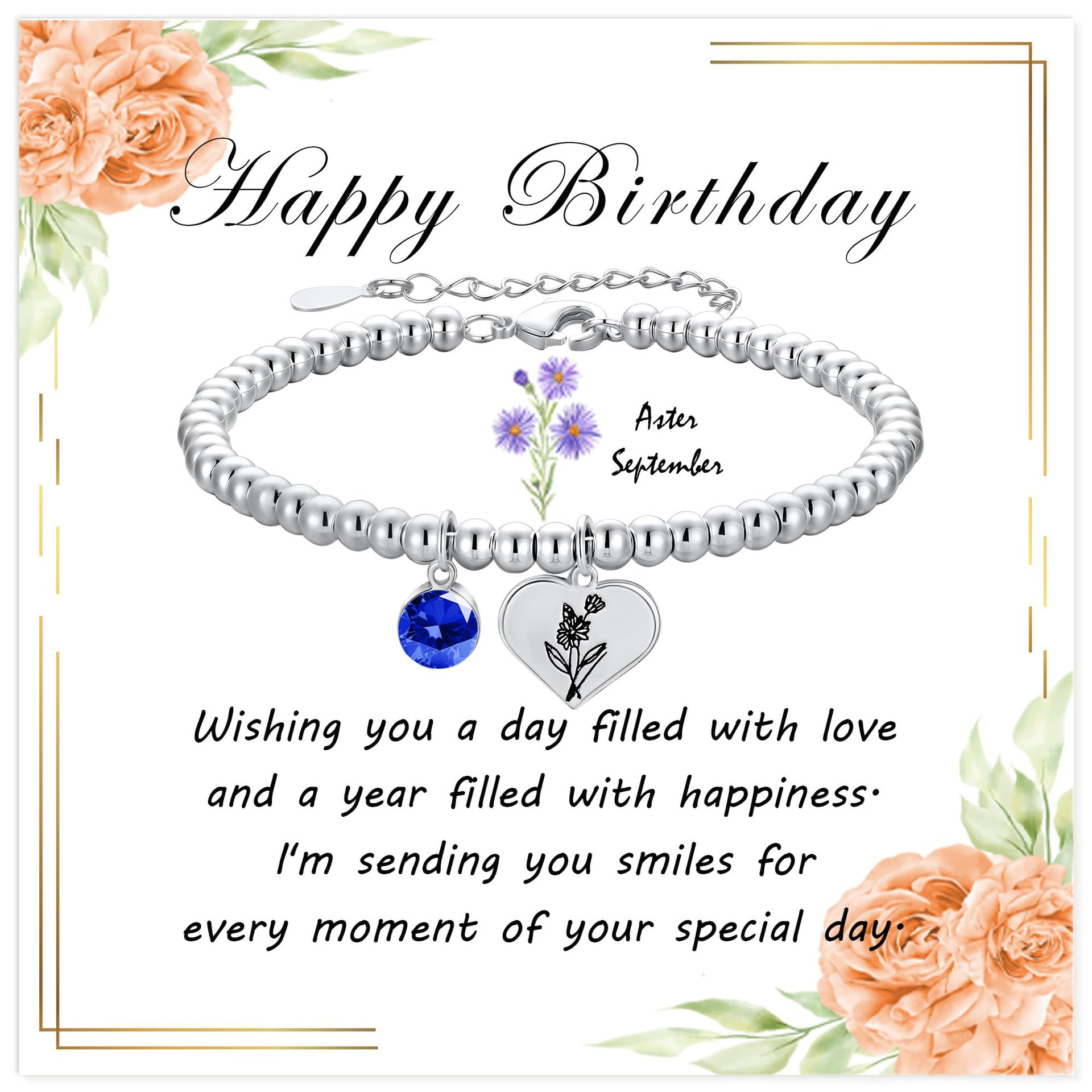 Silver Birthstone Heart Bracelet with Floral Pendant