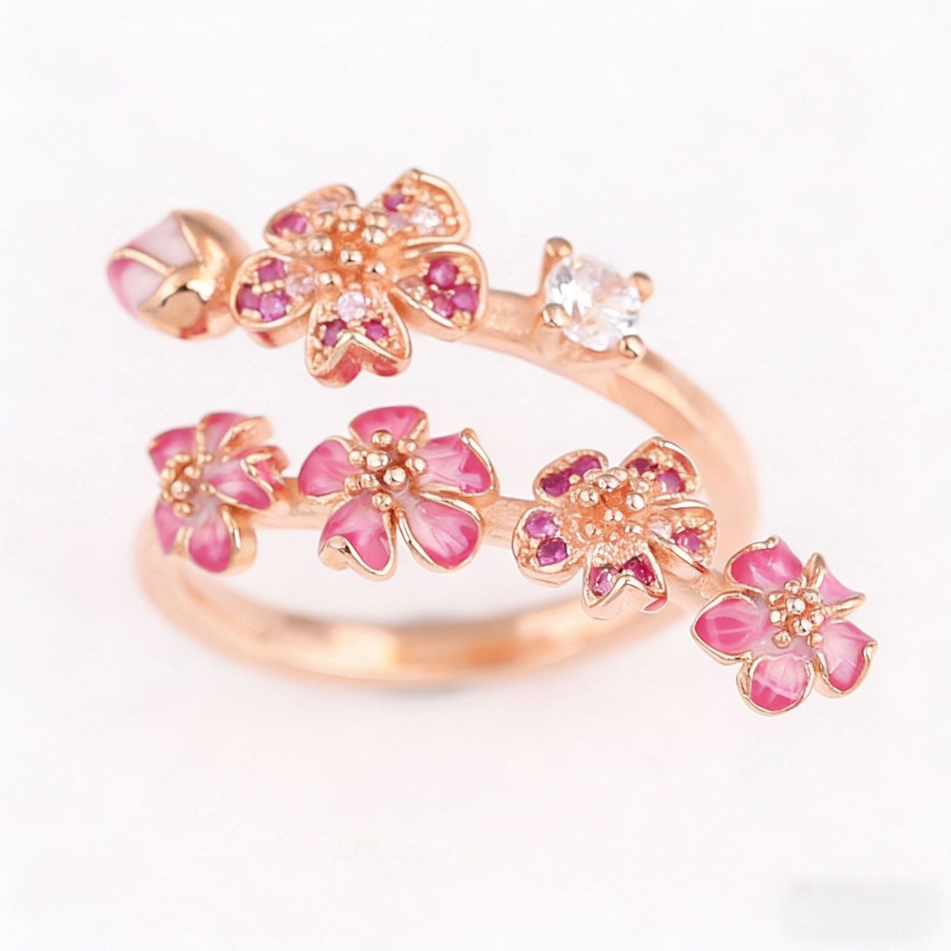 Elegant Rose Gold Peach Blossom Beaded Ring