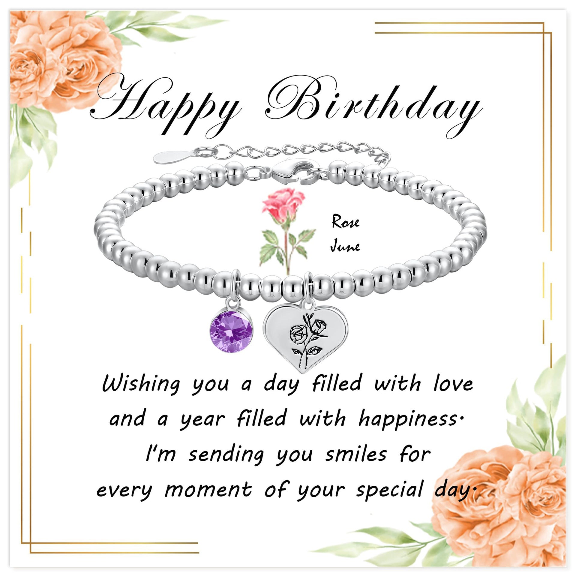 Silver Birthstone Heart Bracelet with Floral Pendant