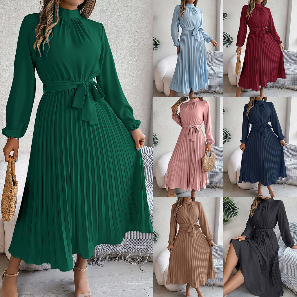 Elegant Stand Collar Pleated Long Dress