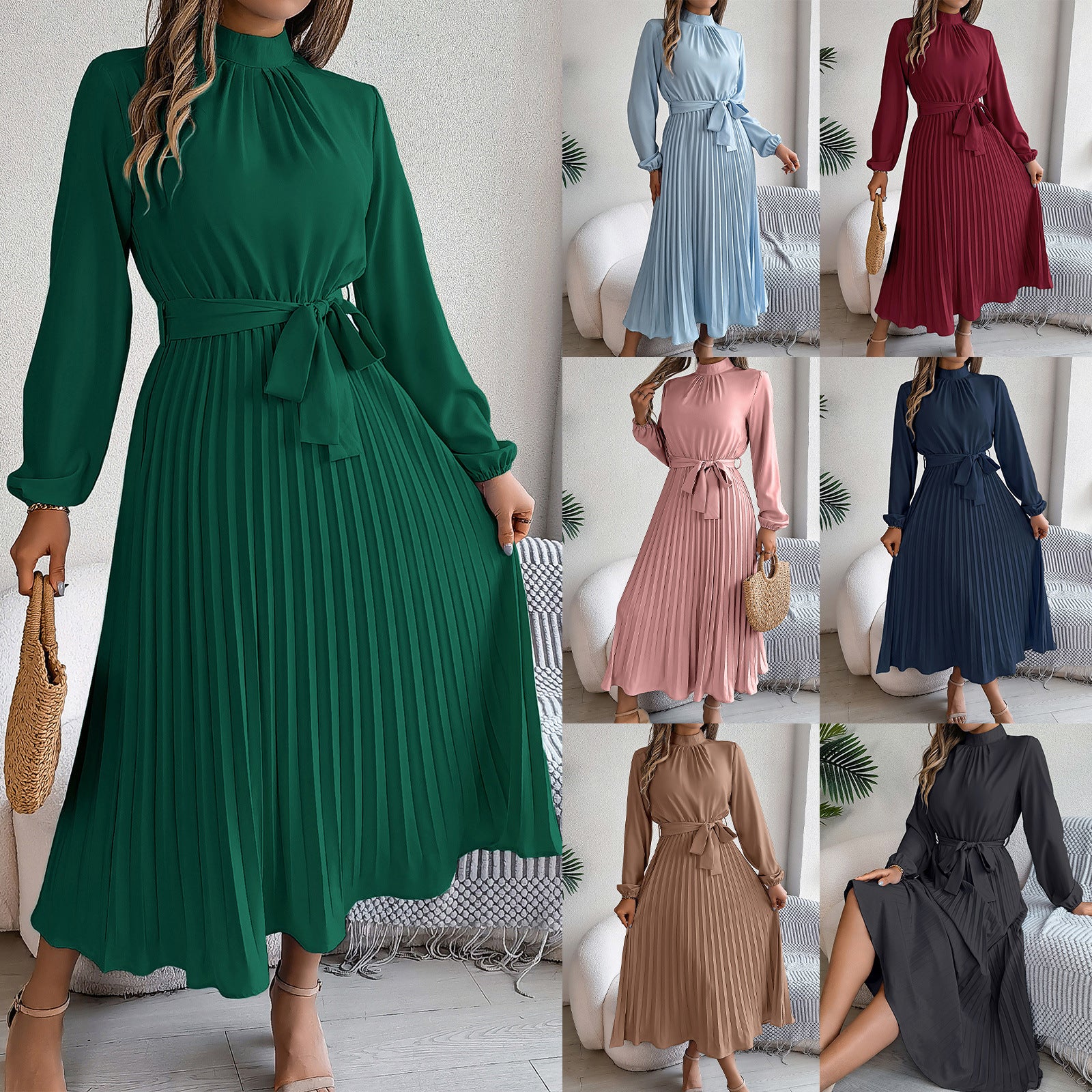 Elegant Stand Collar Pleated Long Dress