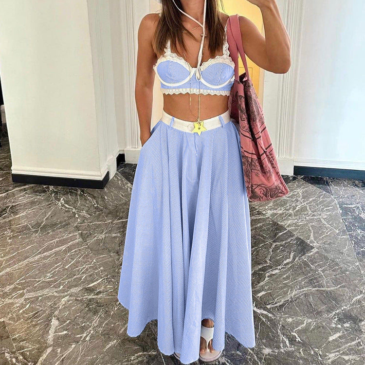 Lace Trim Camisole and Flared Skirt Two-Piece Set