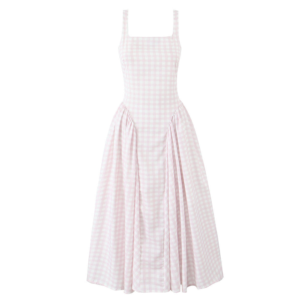 French Style Plaid Square Neck Summer Dress