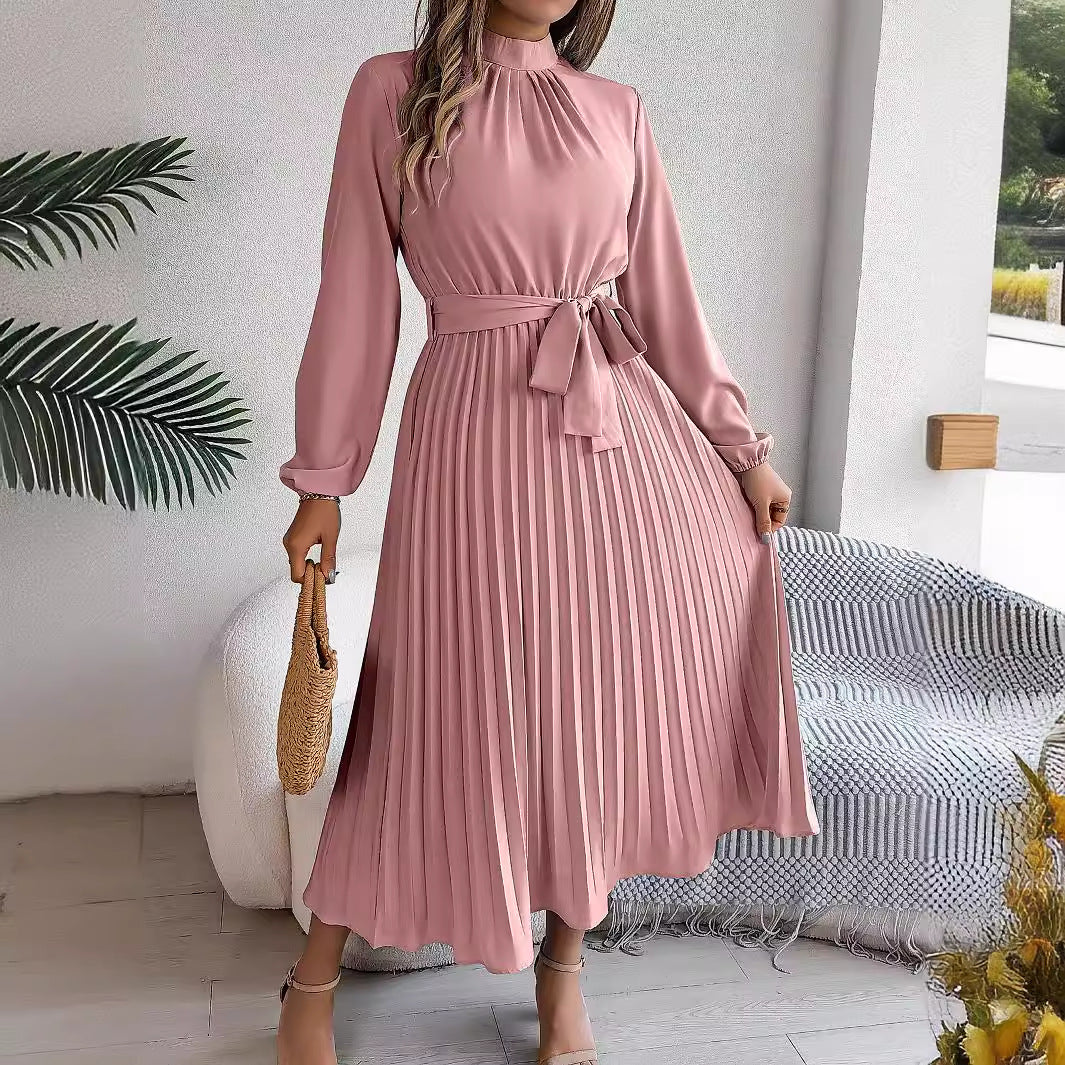 Elegant Stand Collar Pleated Long Dress