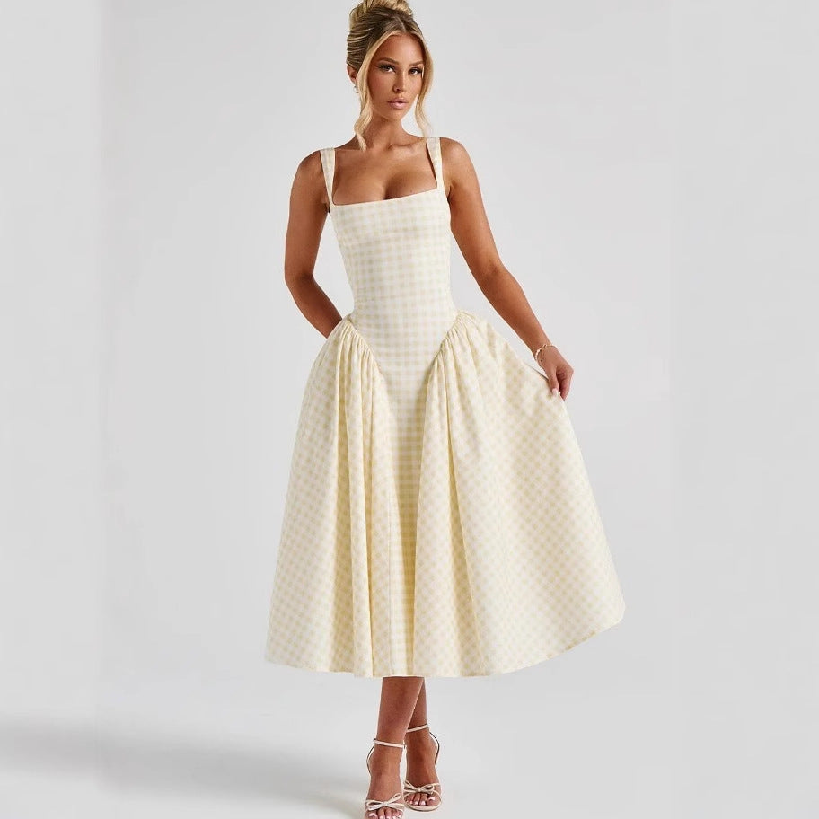 French Style Plaid Square Neck Summer Dress