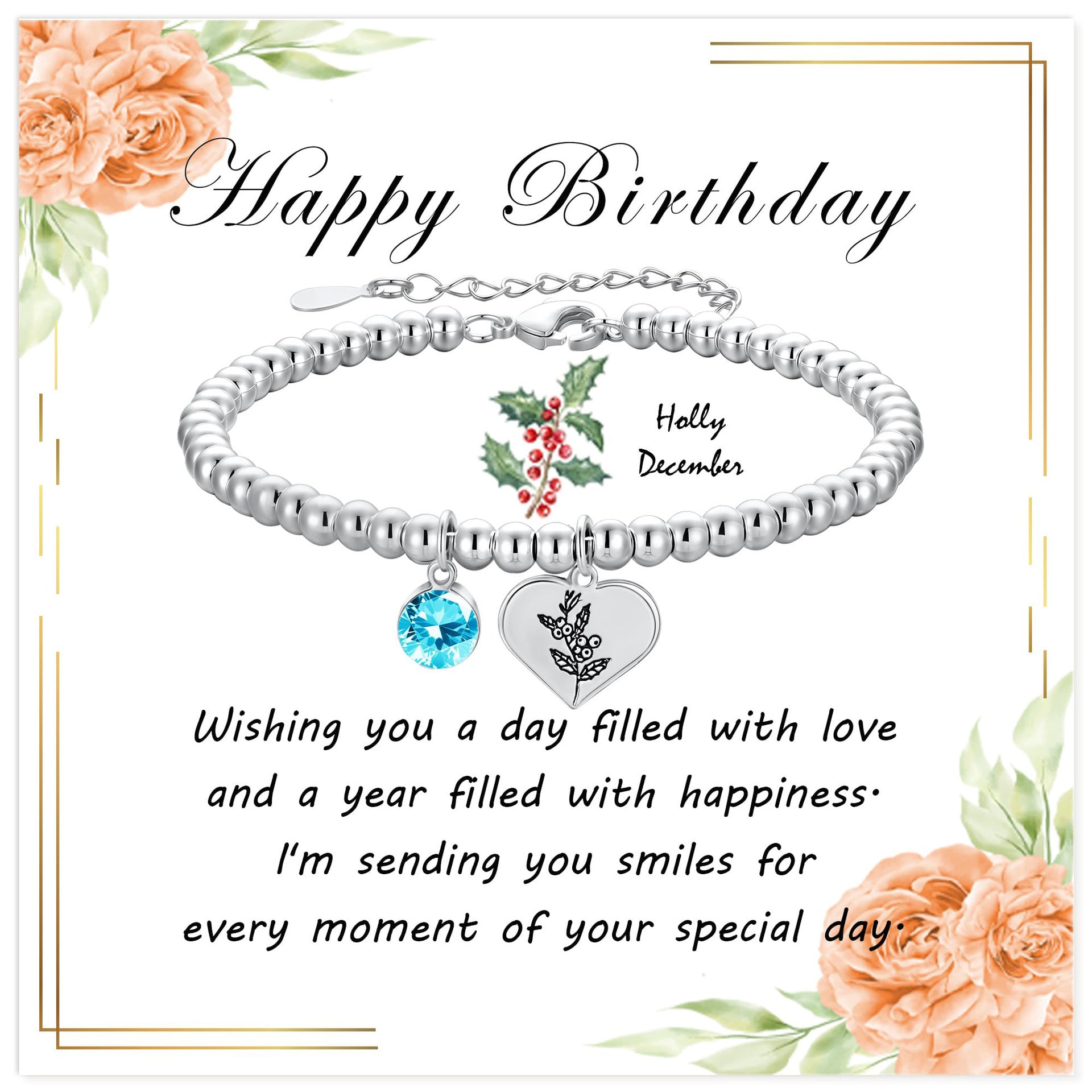 Silver Birthstone Heart Bracelet with Floral Pendant