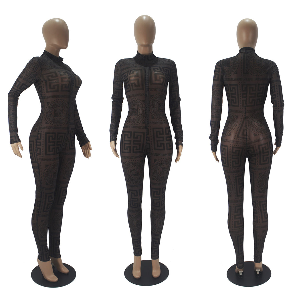 Women's Printed Mesh Long Sleeve Jumpsuit