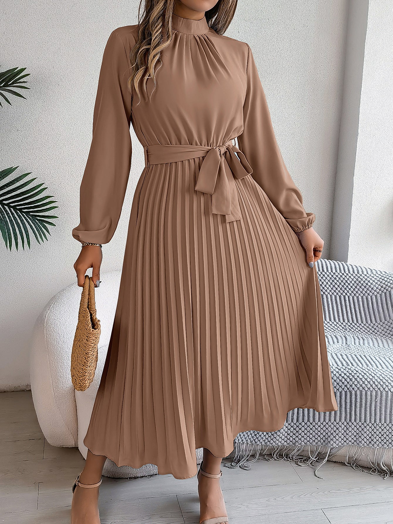 Elegant Stand Collar Pleated Long Dress