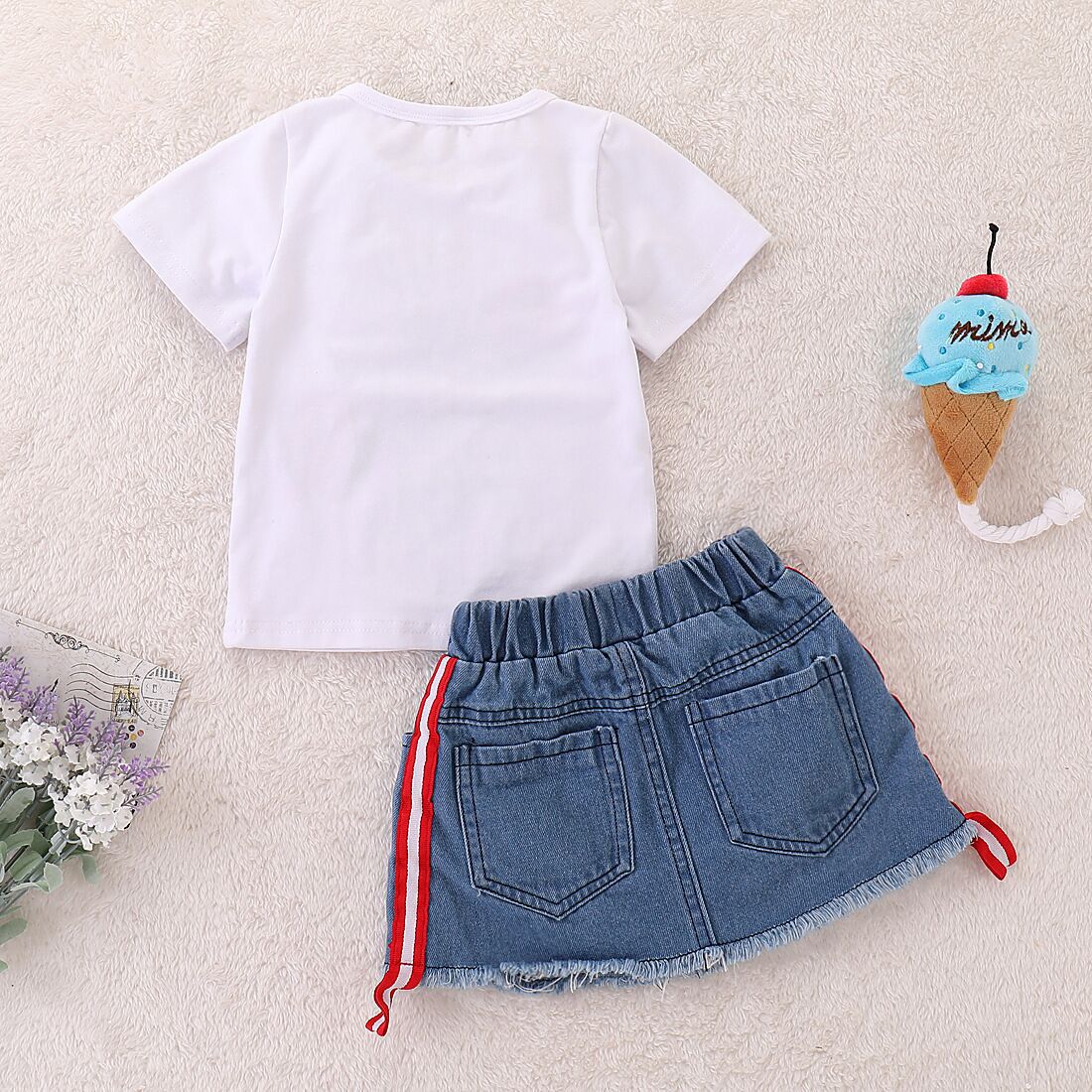 Girls Printed T-shirt and Denim Skirt Set