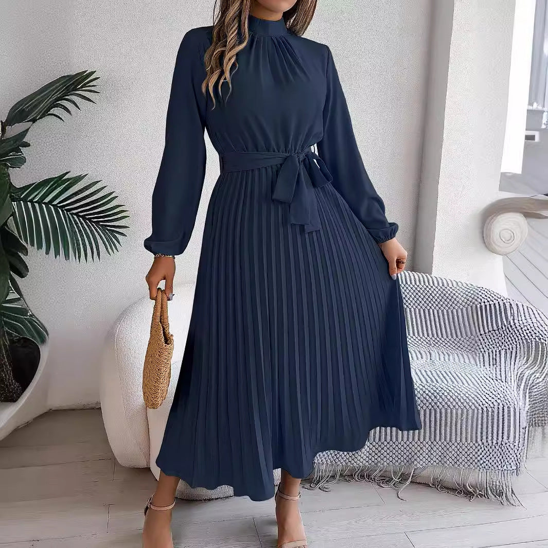 Elegant Stand Collar Pleated Long Dress