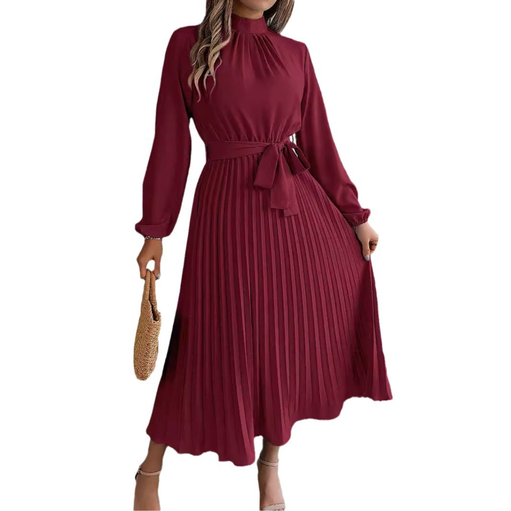 Elegant Stand Collar Pleated Long Dress