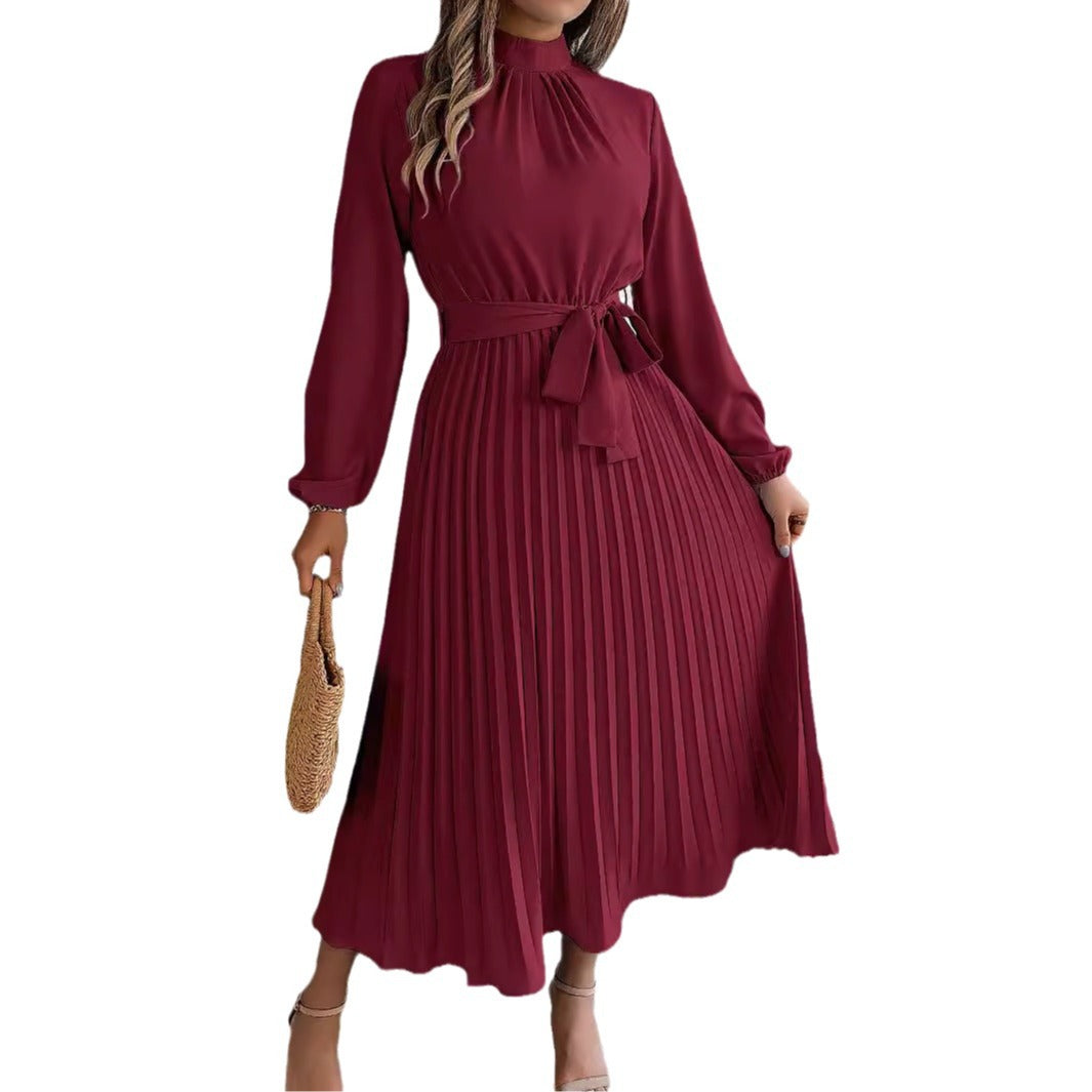 Elegant Stand Collar Pleated Long Dress