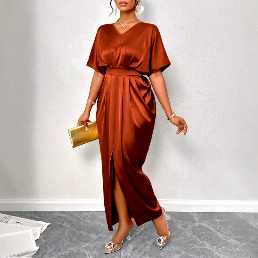 Fitted waist slit long dress