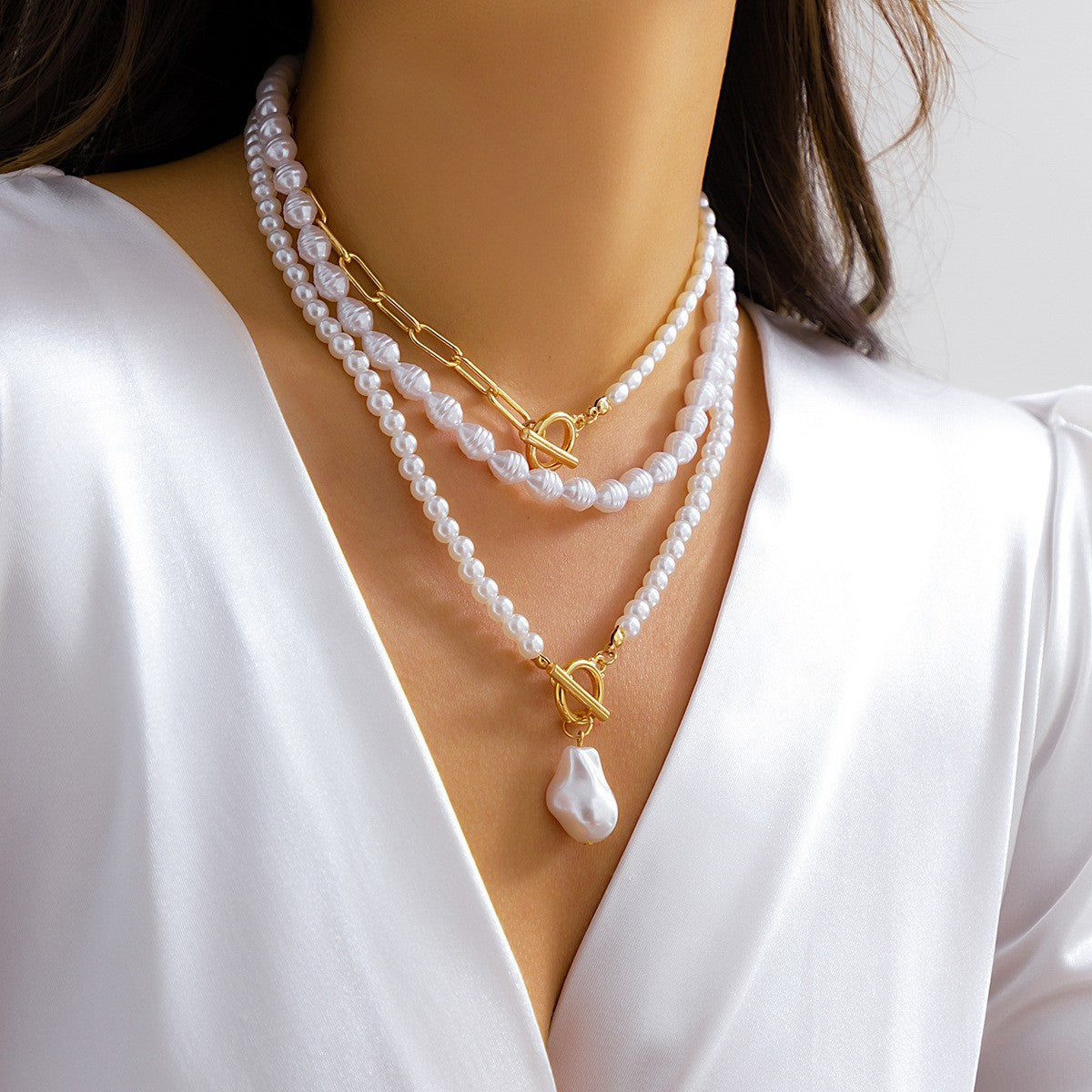 Long Round Bead Chain Layered Necklace with OT Buckle