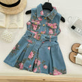 Floral Print Sleeveless Denim Dress for Girls