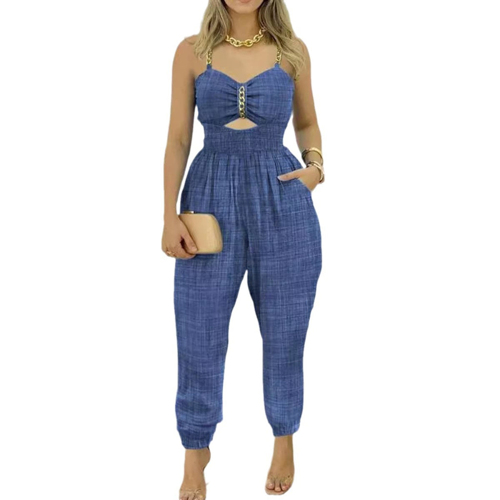 Denim Blue Chain Sling Backless Jumpsuit