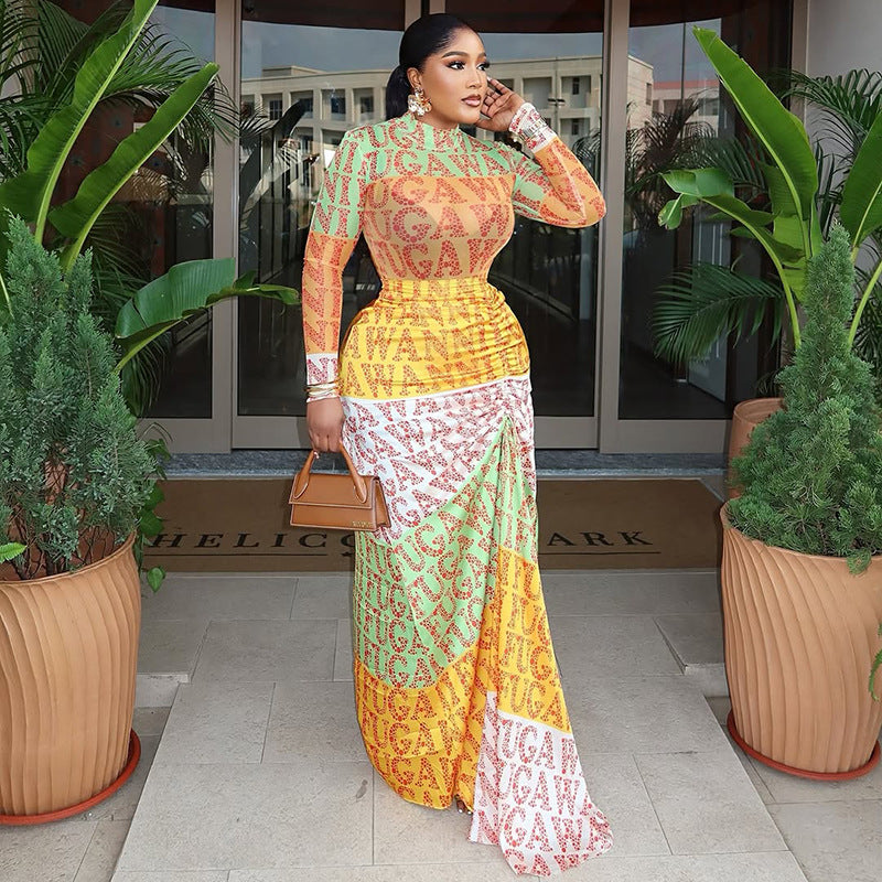Elegant Printed Splicing High Neck Sleeveless Dress