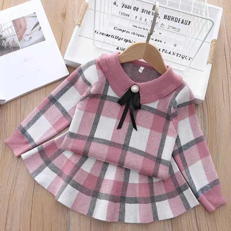 Kids Knitted Plaid Sweater and Skirt Set