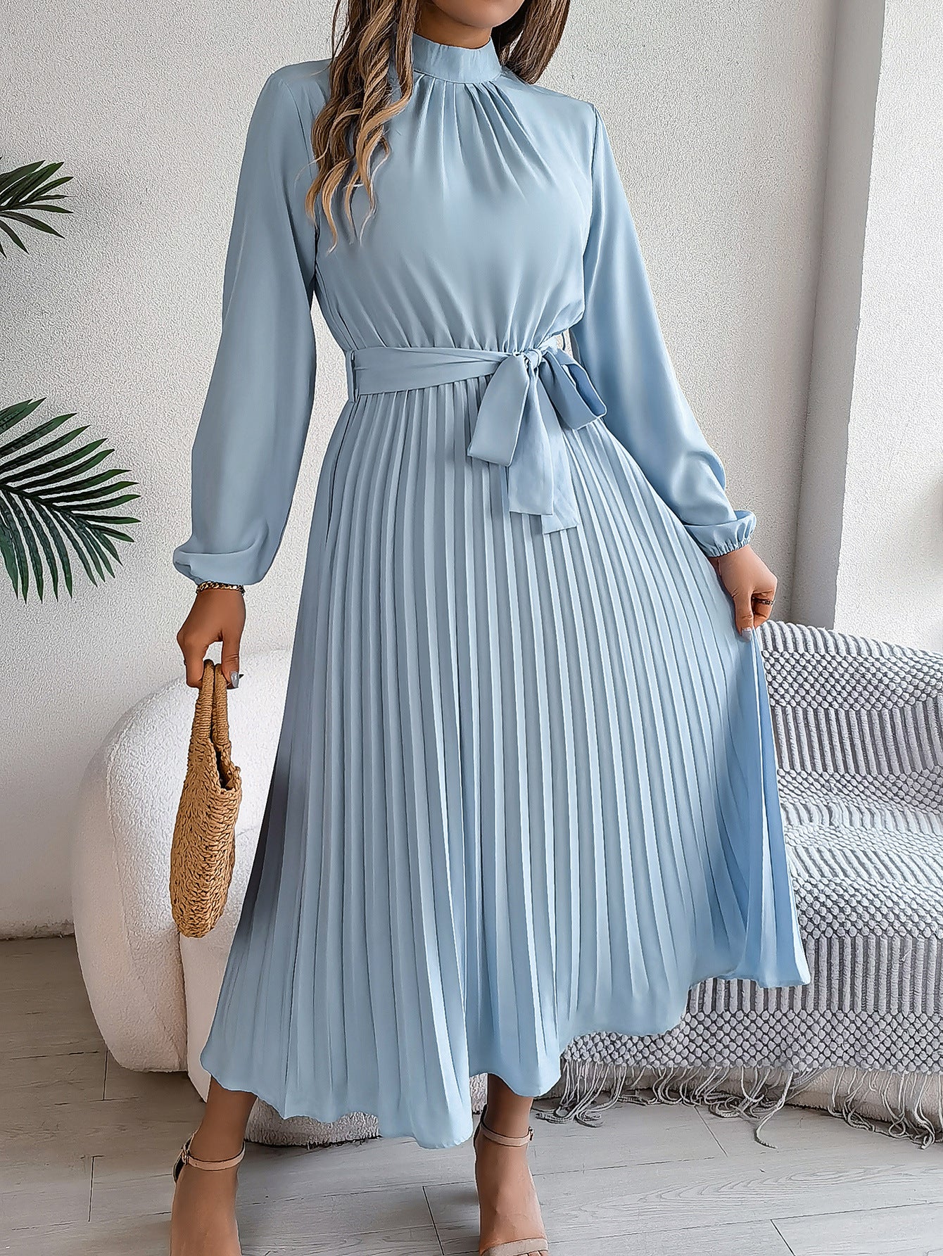 Elegant Stand Collar Pleated Long Dress