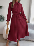 Elegant Stand Collar Pleated Long Dress