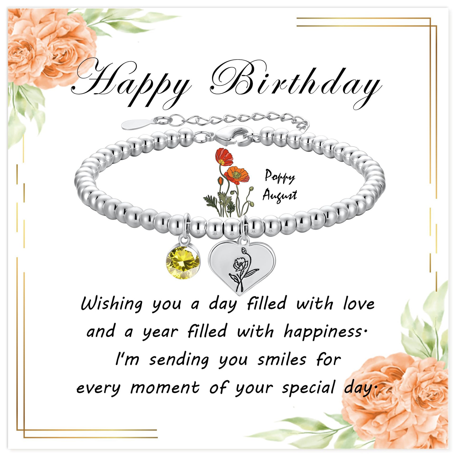 Silver Birthstone Heart Bracelet with Floral Pendant