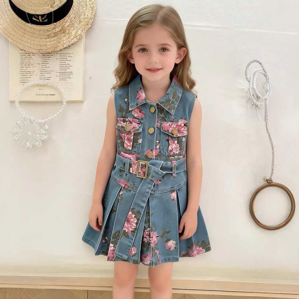 Floral Print Sleeveless Denim Dress for Girls