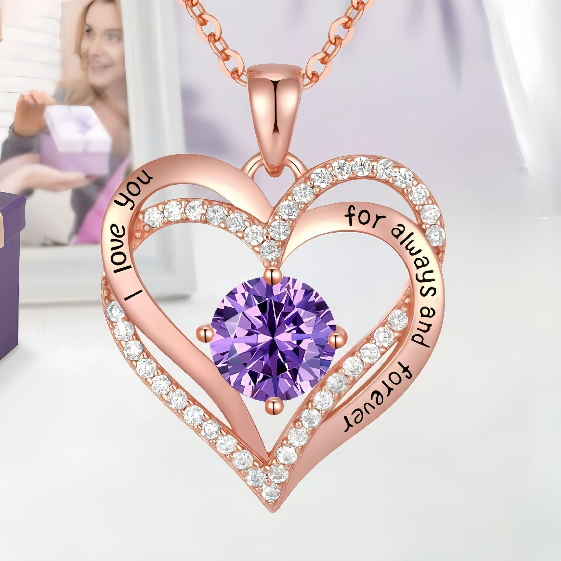 Double Heart Rose Gold Necklace with Zircon