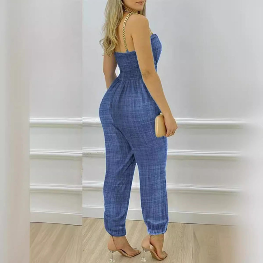 Denim Blue Chain Sling Backless Jumpsuit