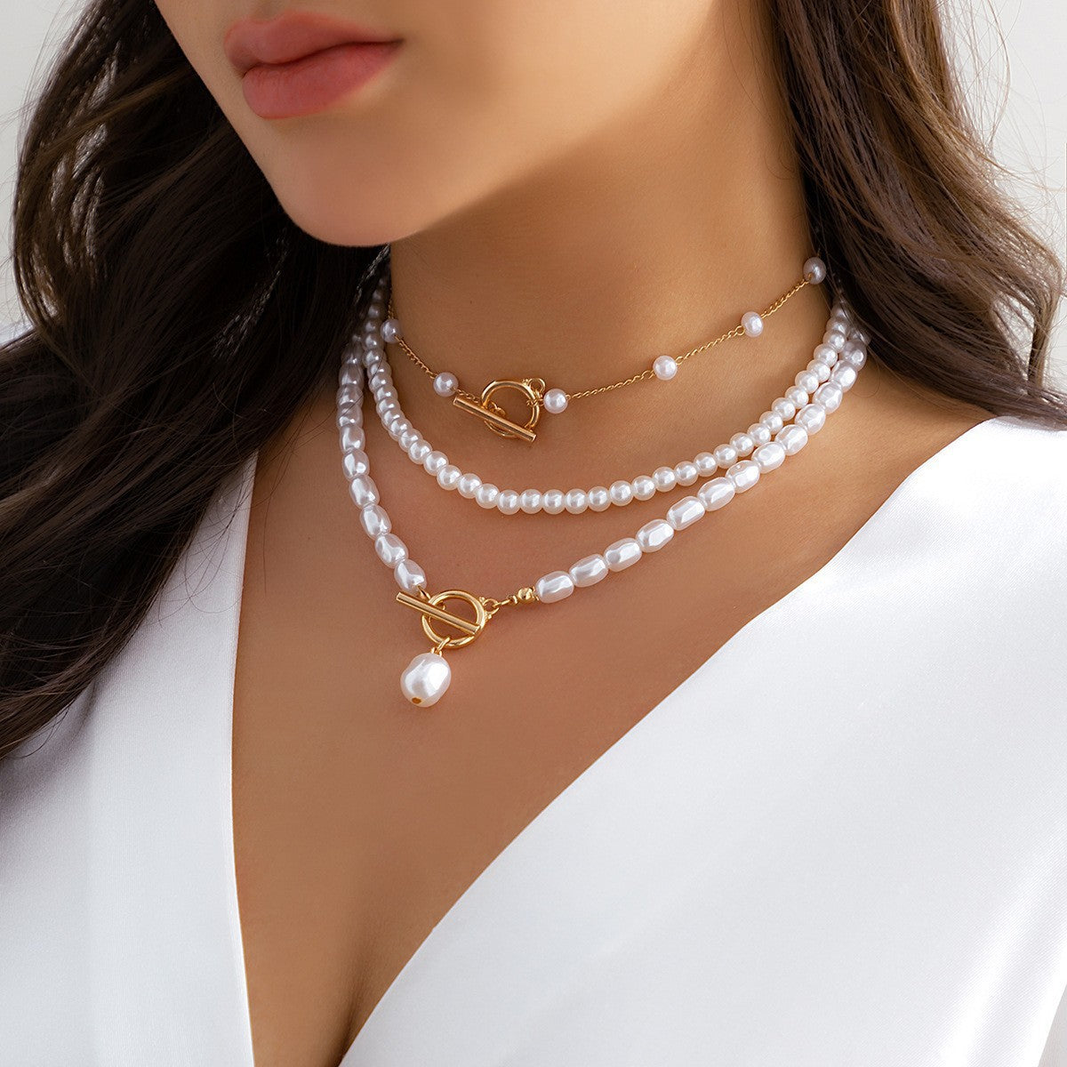 Long Round Bead Chain Layered Necklace with OT Buckle