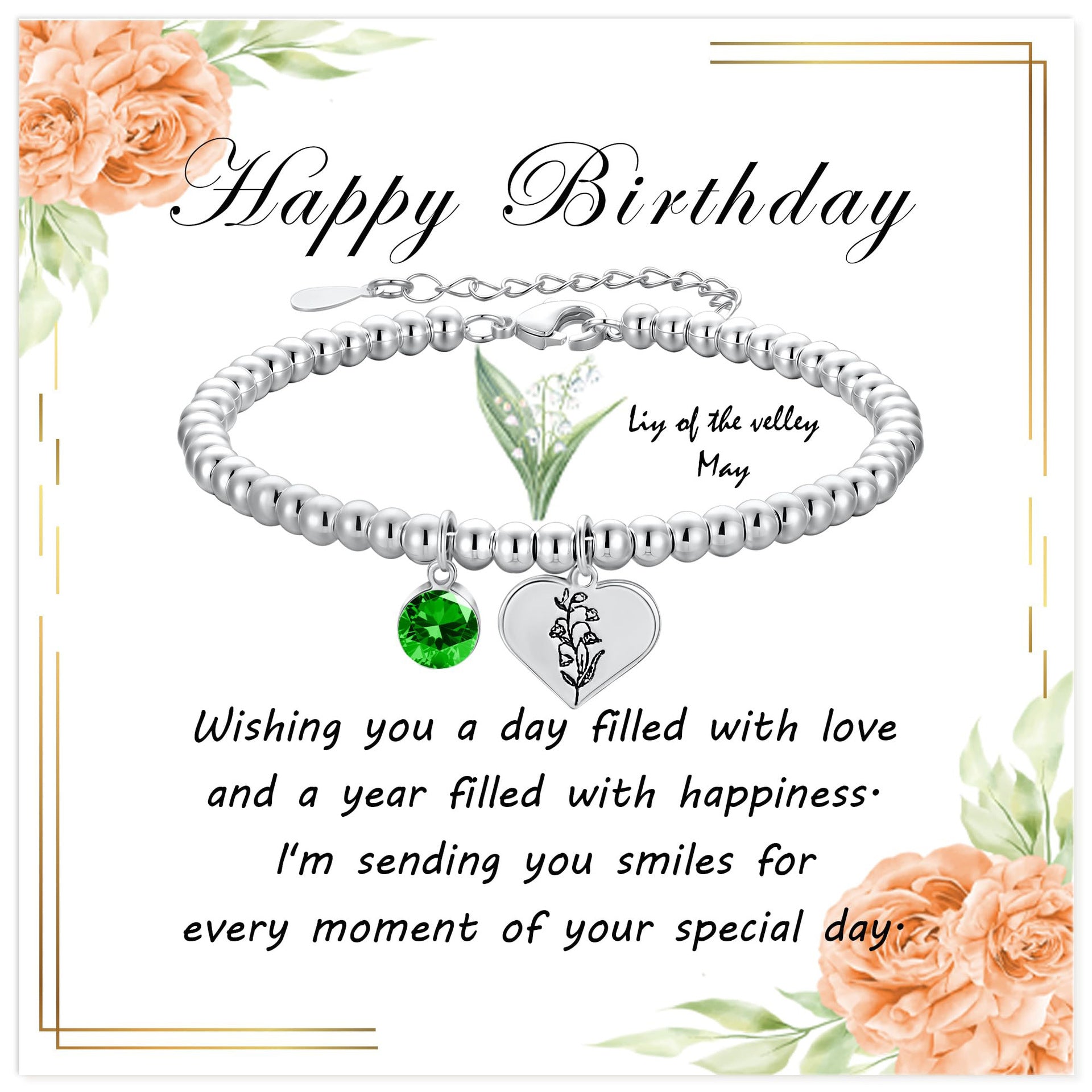 Silver Birthstone Heart Bracelet with Floral Pendant