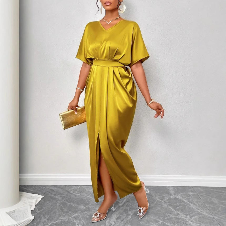 Fitted waist slit long dress