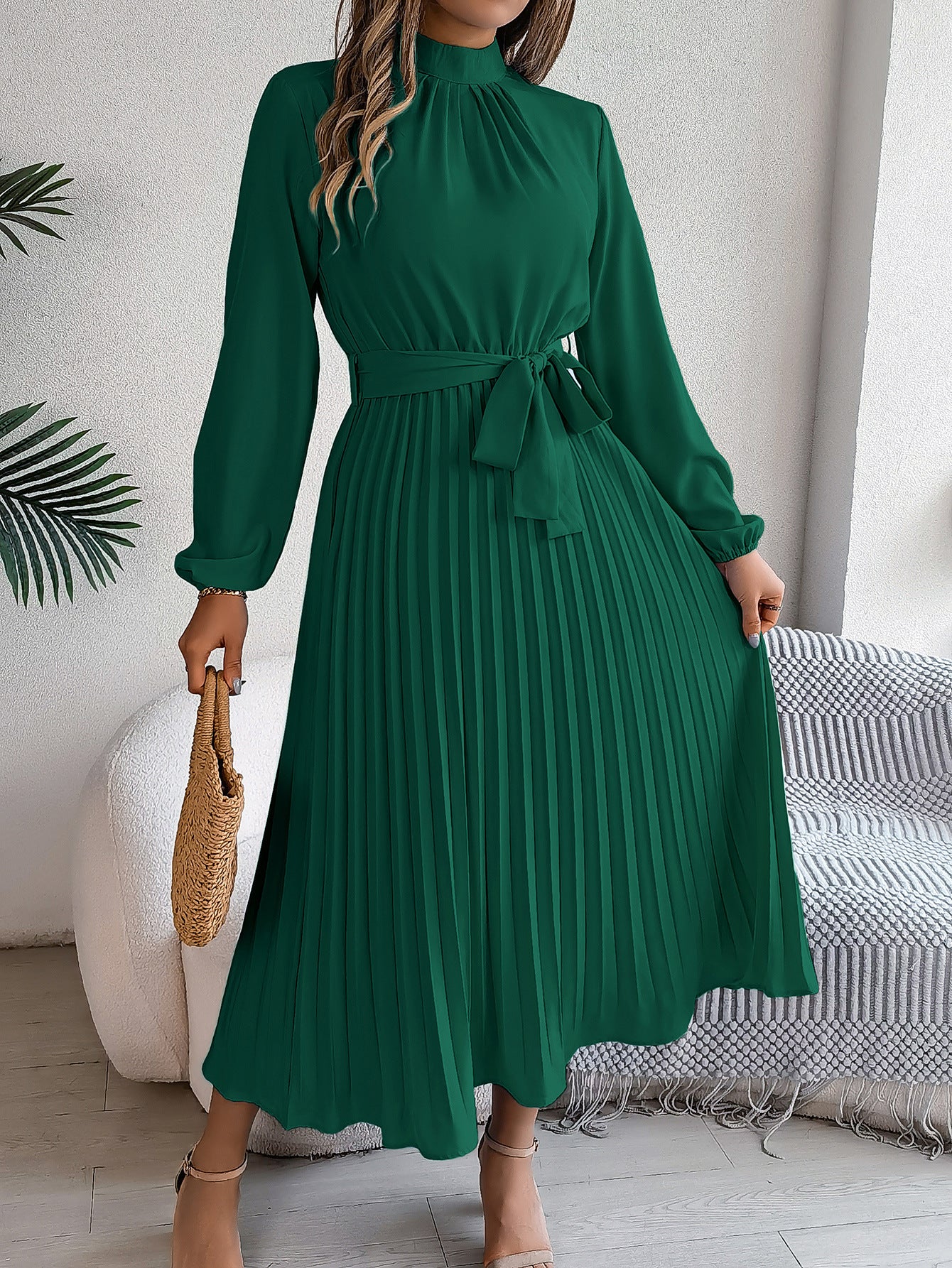 Elegant Stand Collar Pleated Long Dress