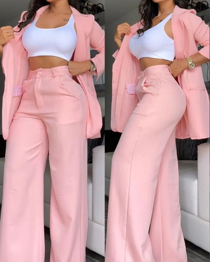 Elegant Solid Color Blazer and Pants