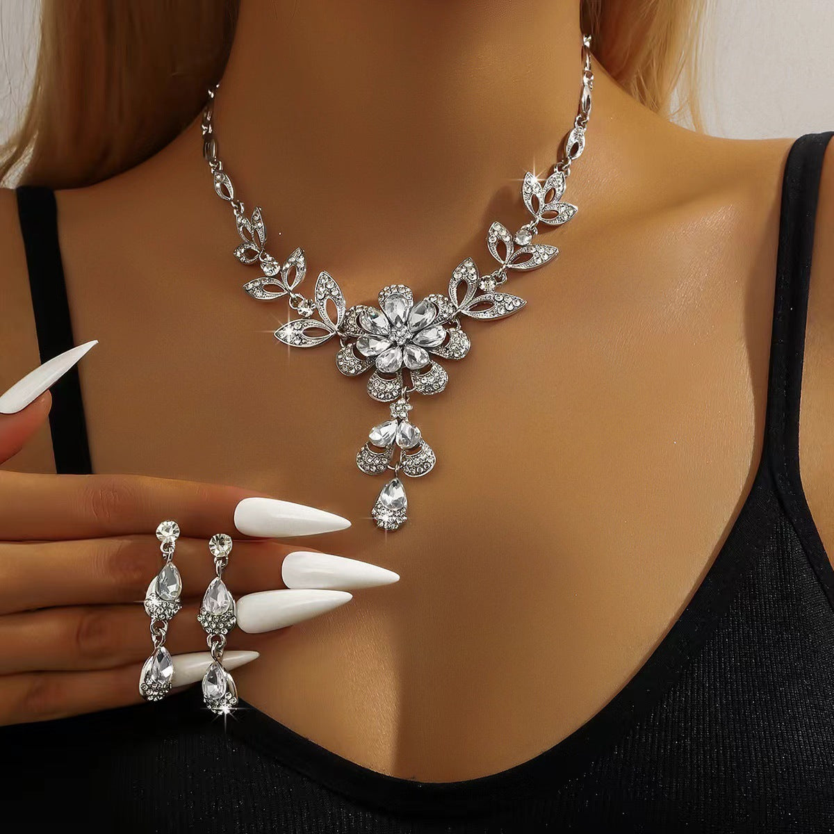Elegant Water Drop Flower Necklace and Earrings Set