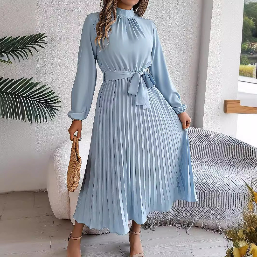 Elegant Stand Collar Pleated Long Dress