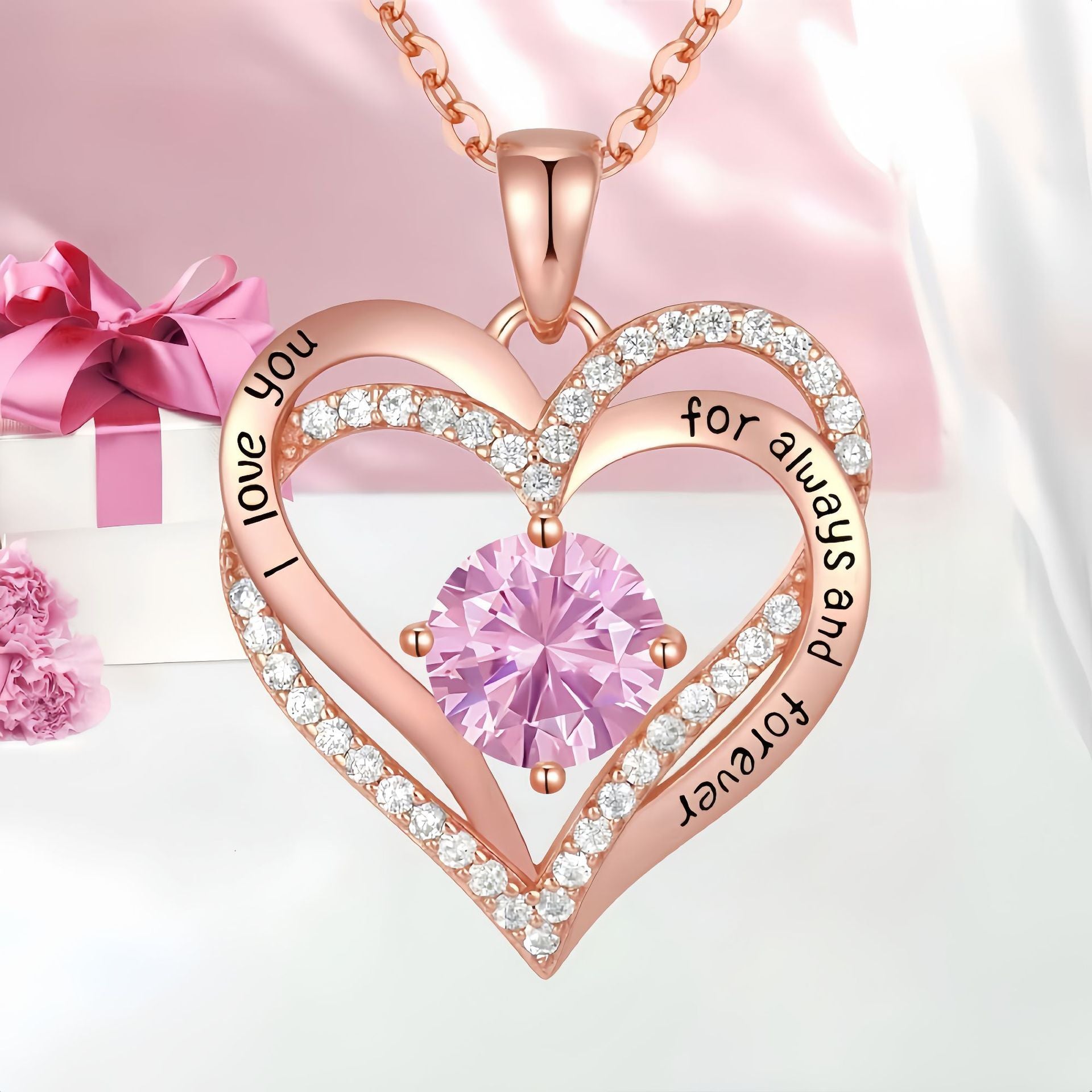 Double Heart Rose Gold Necklace with Zircon