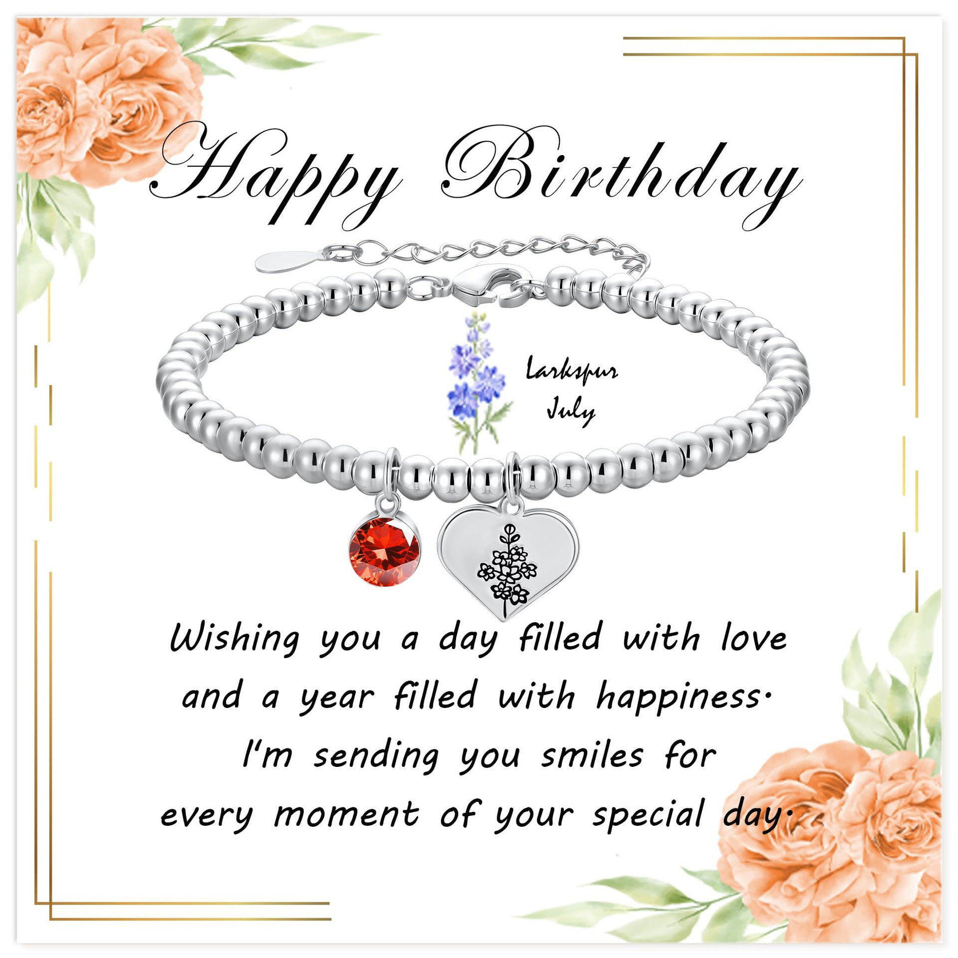 Silver Birthstone Heart Bracelet with Floral Pendant