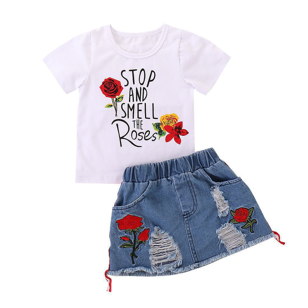 Girls Printed T-shirt and Denim Skirt Set