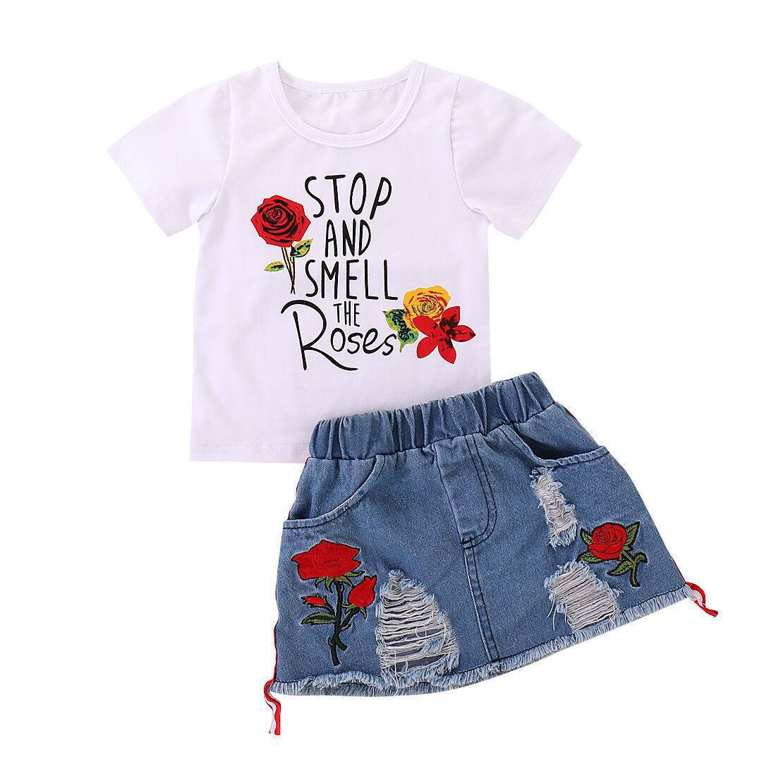 Girls Printed T-shirt and Denim Skirt Set