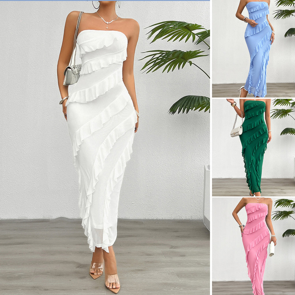 Womens Slim Fit Strapless Flounce Dress
