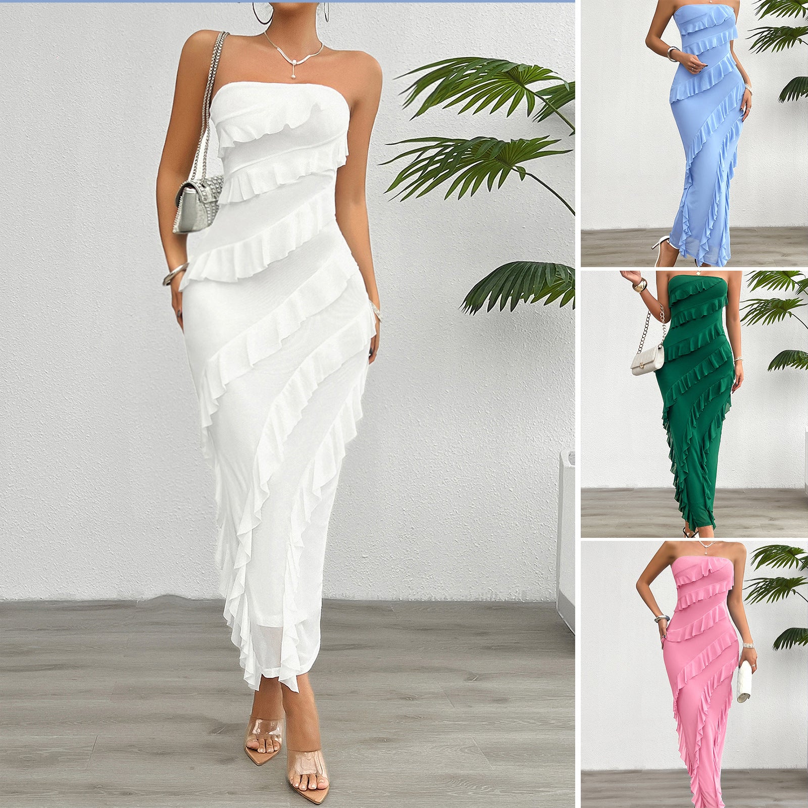 Womens Slim Fit Strapless Flounce Dress