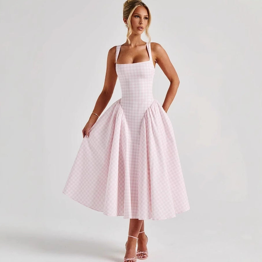 French Style Plaid Square Neck Summer Dress