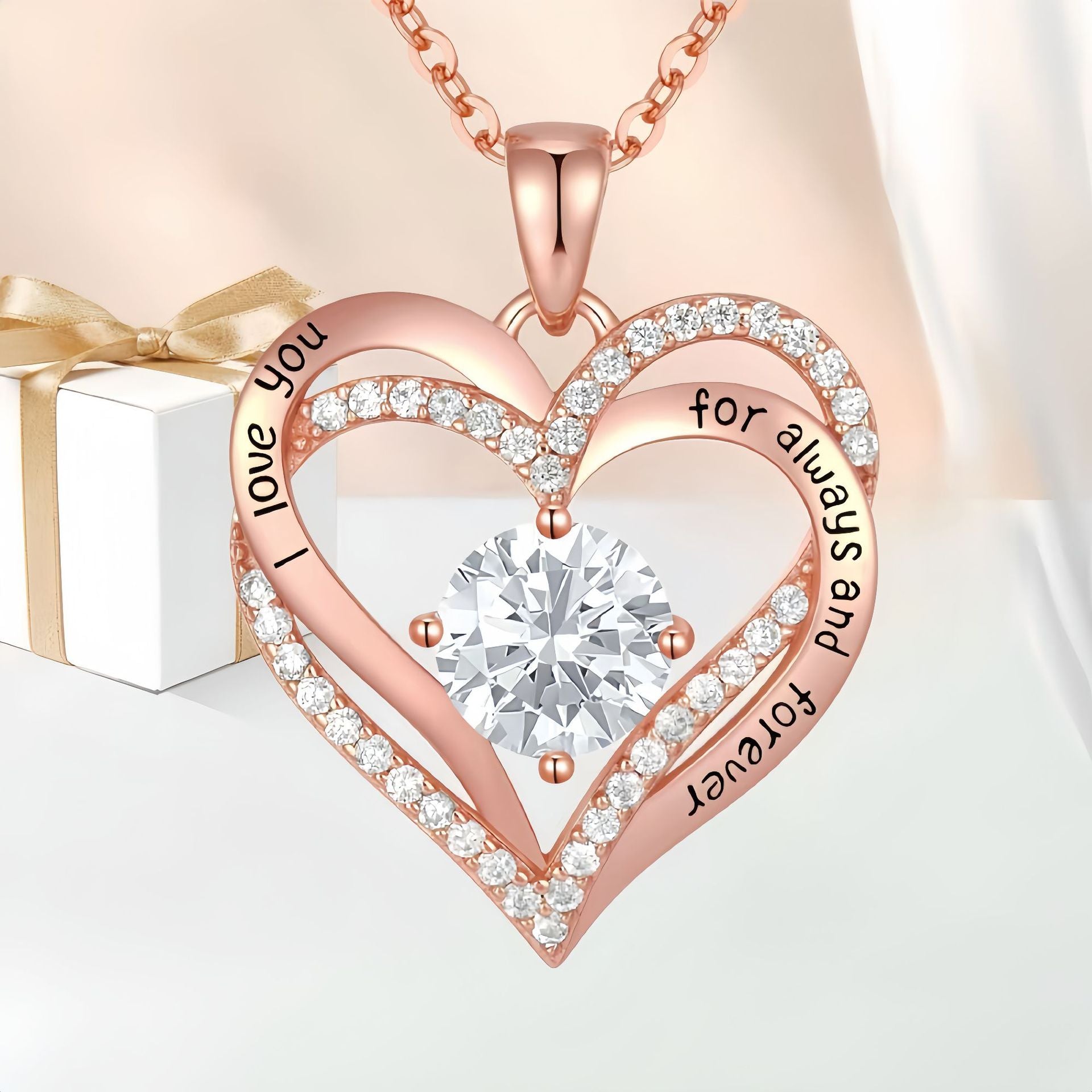 Double Heart Rose Gold Necklace with Zircon