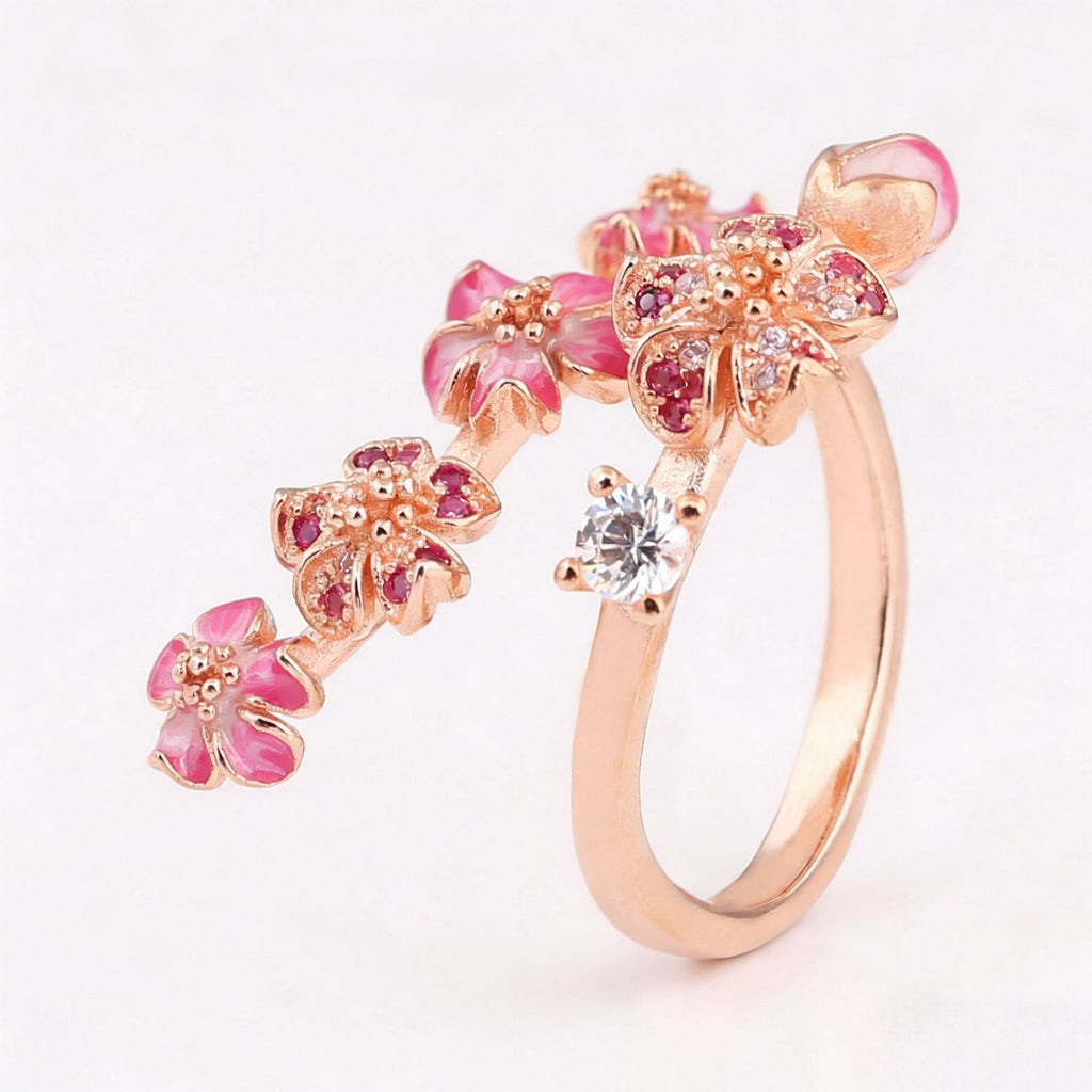 Elegant Rose Gold Peach Blossom Beaded Ring