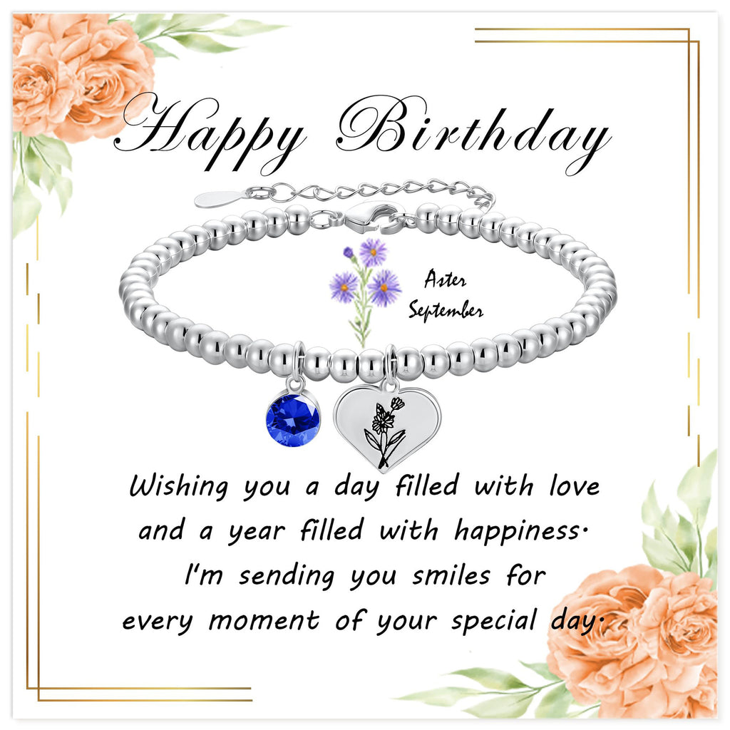 Silver Birthstone Heart Bracelet with Floral Pendant