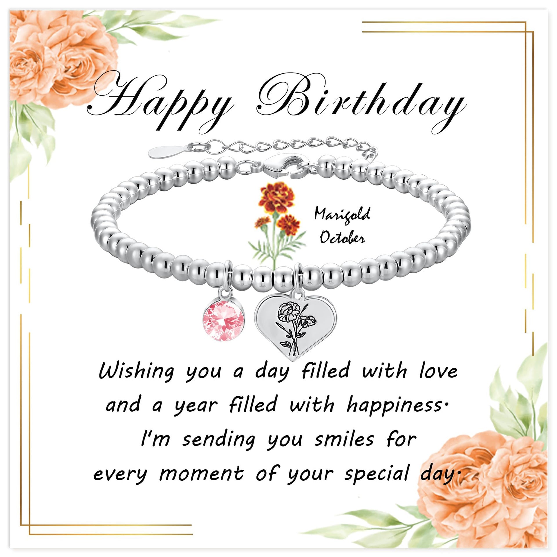 Silver Birthstone Heart Bracelet with Floral Pendant